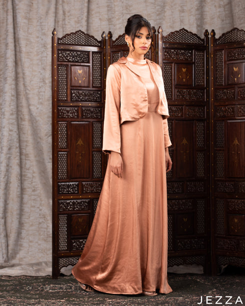 Sleeveless Satin Dress with Long-Sleeve Overtop 58382